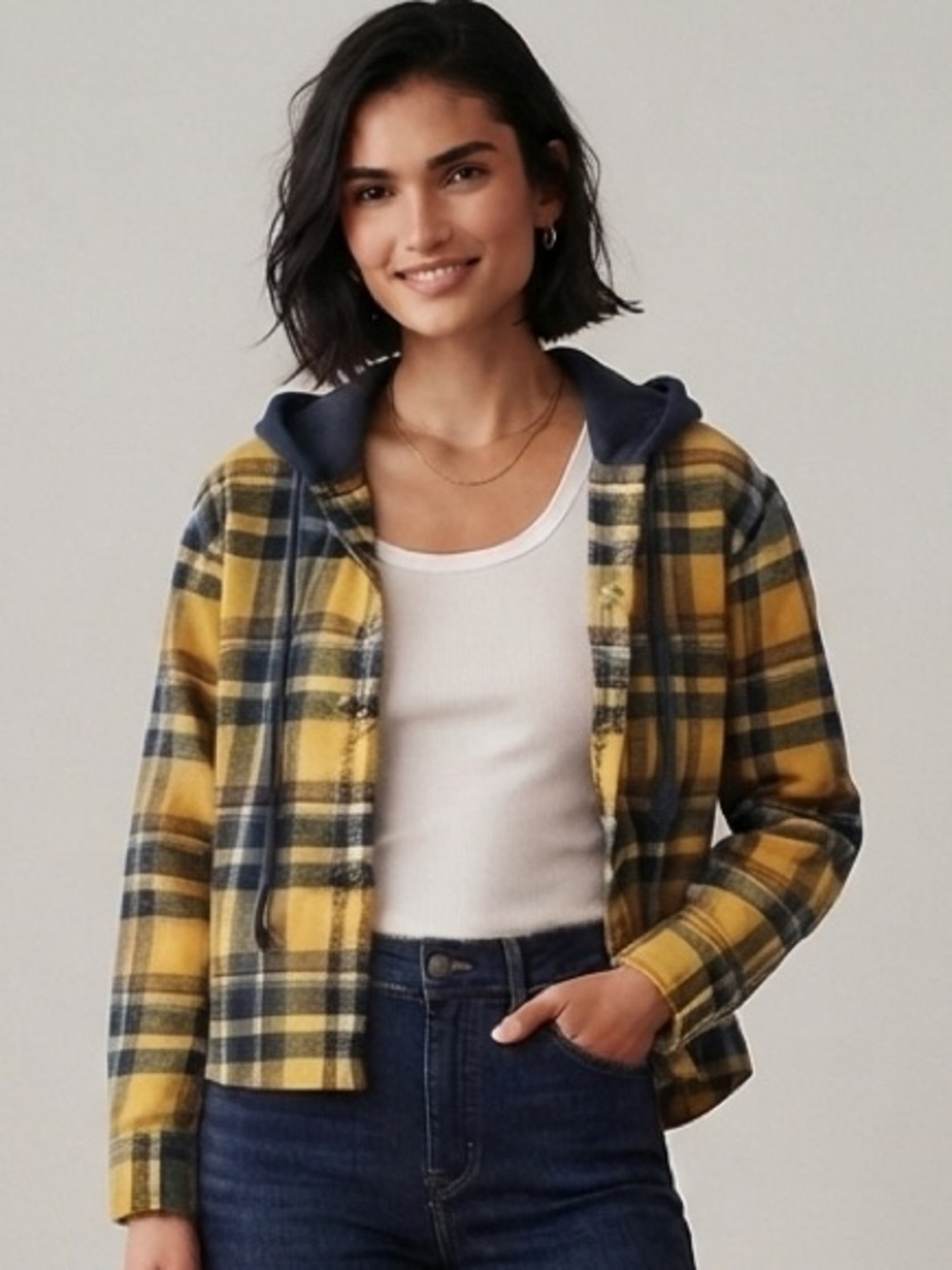 American Eagle Yellow Plaid Hooded Flannel Cropped Distressed Shacket Size S